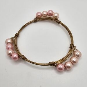 Small Light Pink Pearl Gold Color Wire Wrapped Bangle